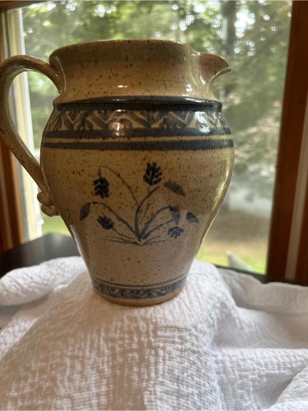 RB Vermont Hand-Painted Speckled Ceramic Pitcher/Vase in Blue and Cream